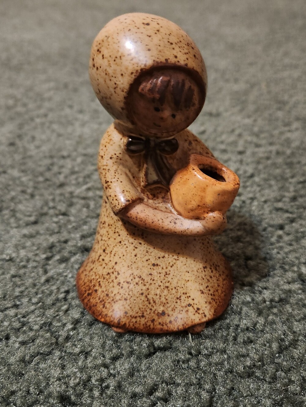 Stoneware Kneeling Girl Figurine Holding Flower Pot Jug Speckled Glaze Japan